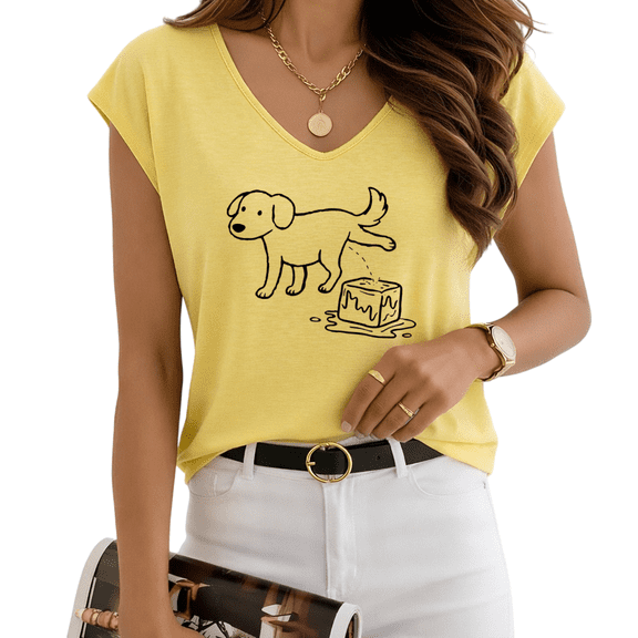 UNISHE Women's Funny Dog Ice Graphic V-Neck Sleeveless T-Shirt Yellow Summer Tee