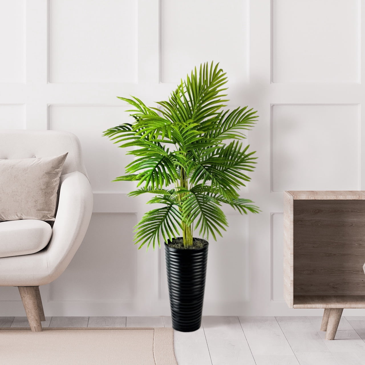 LCG Florals 4ft Artificial Palm Plant, Faux Palm Tree with Black Ribbed Planter, Tall Indoor Decorative Fake Plant for Home or Office
