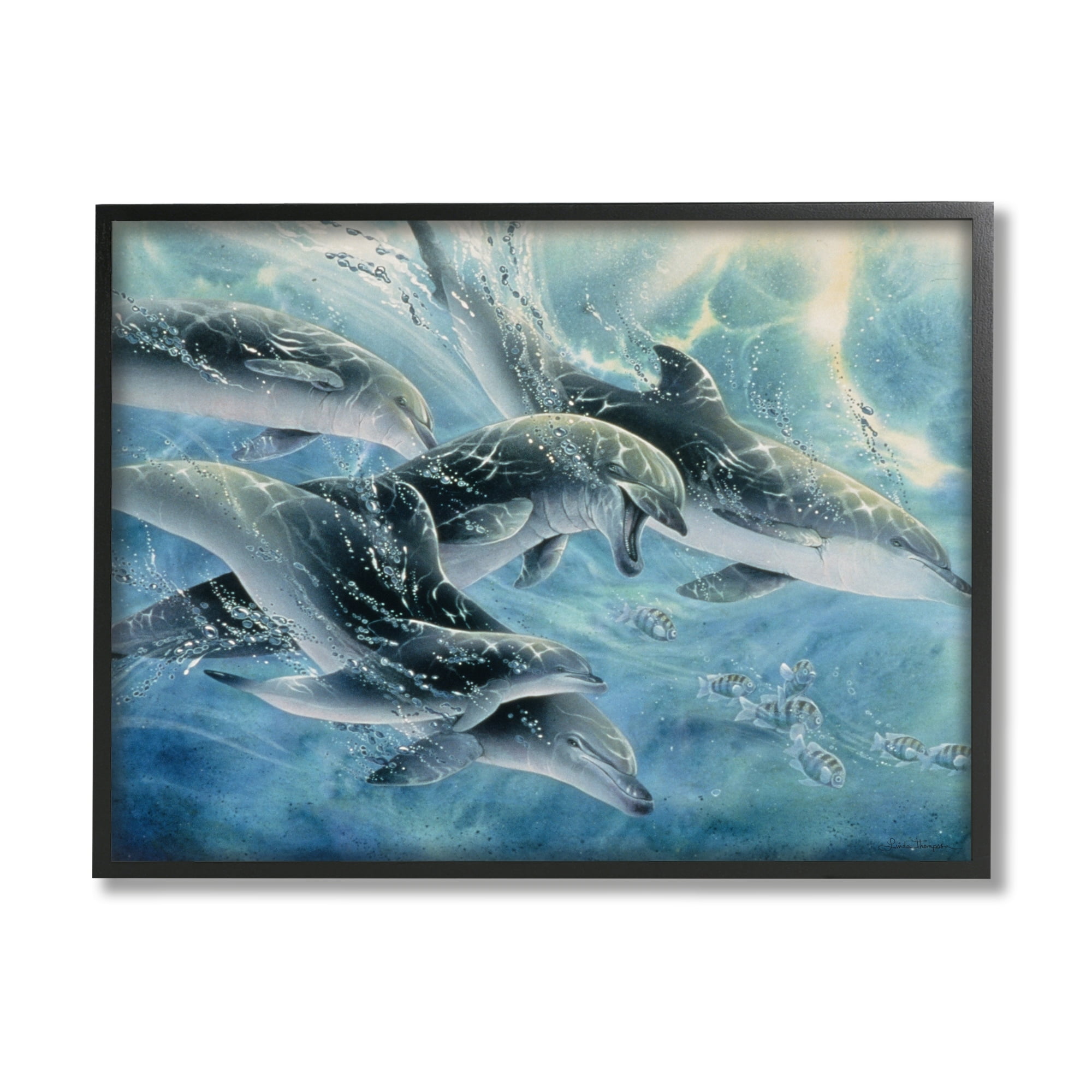 Stupell Industries Playful Passage Dolphins Swimming Coastal Painting Gray Framed Art Print Wall Art