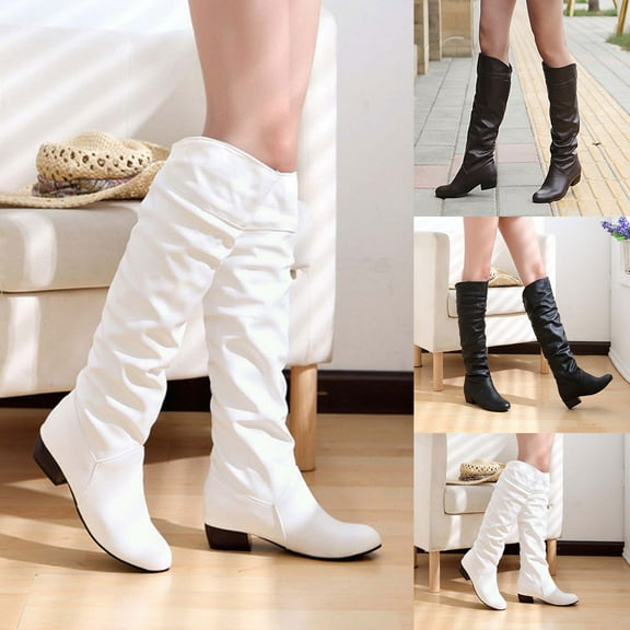 Hinvhai Boots for Women Knee High Fashion Casual Round Toe Pleated Block Chunky Low Heel Boots Winter Elegant Solid Comfy Outdoor Ladies Shoes White 9.5(43)