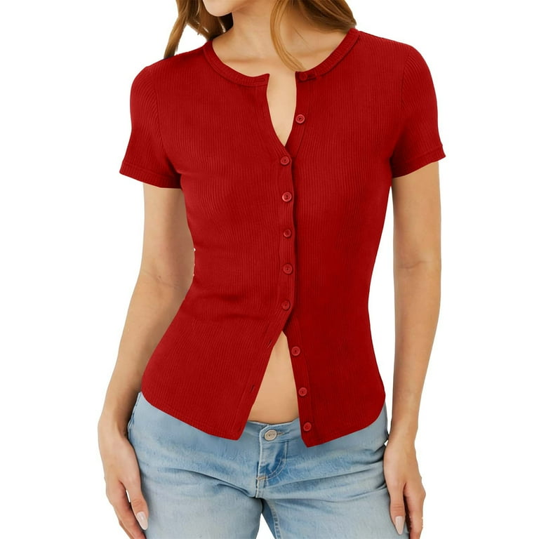 RYRJJ Women's Button Down Shirt Cap Sleeve Tops Ribbed Knit Slim