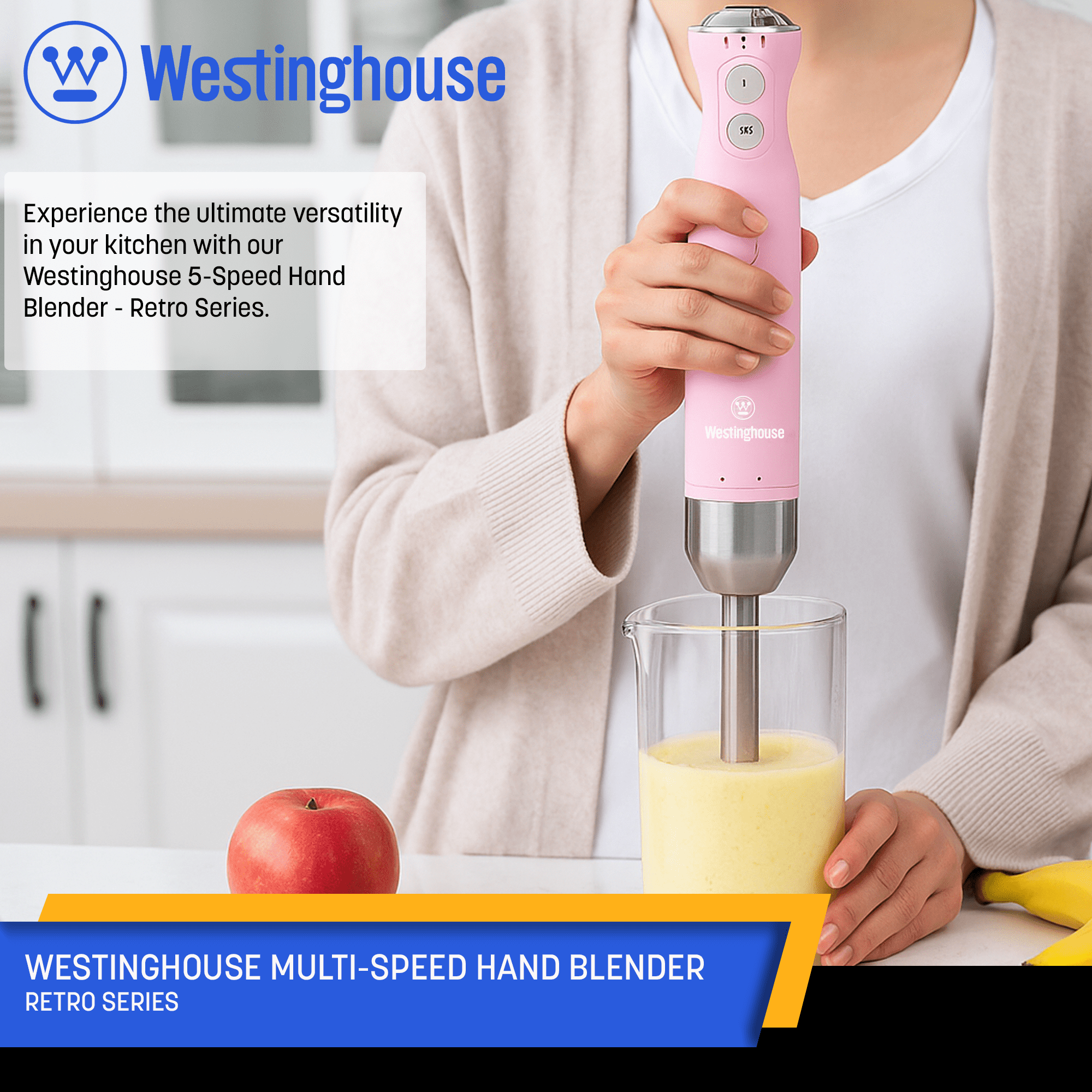 Westinghouse Hand Blender - 5-Speed Immersion Blender with Turbo Function, Stainless Steel Blades & Rod, 500W Power, Detachable Easy Clean Design, Best for Smoothies & Soups - Retro Appliance, Pink