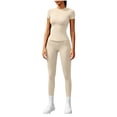 thumbnail image 5 of QIYAGBSA Workout Sets for Women Short Sleeve Crew Neck Top High Waist Leggings Stretch Athletic Two Piece Outfit (Beige, S), 5 of 6