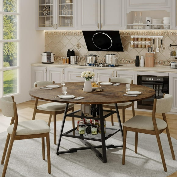 Yiwa 4–6 Person Round Dining Table, Wood Top Circle Table with Metal Base & Storage Shelf for Kitchen/Dining Room (Chairs Not Included)