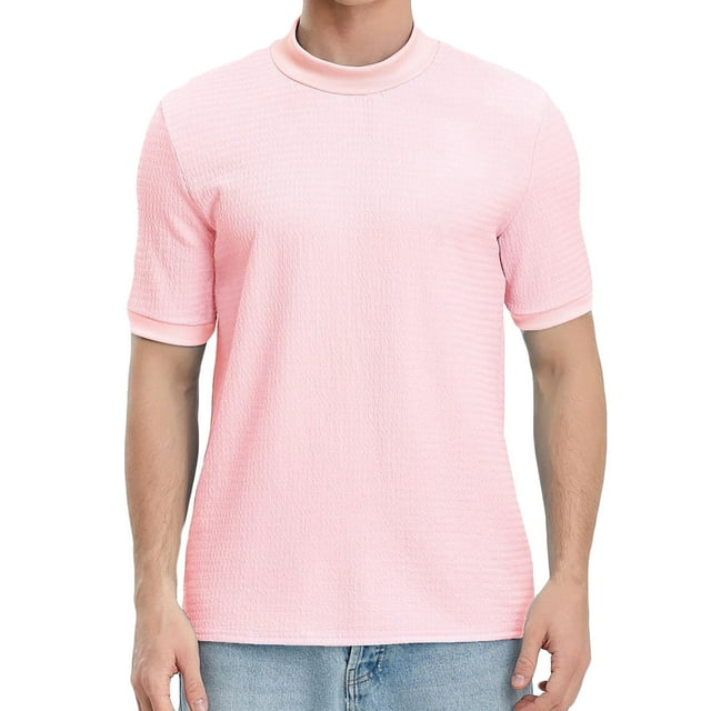 pstuiky camisetas de hombre, Camisas casuales de moda para hombre con cuello alto texturizado sólido camisetas de hombre xxl