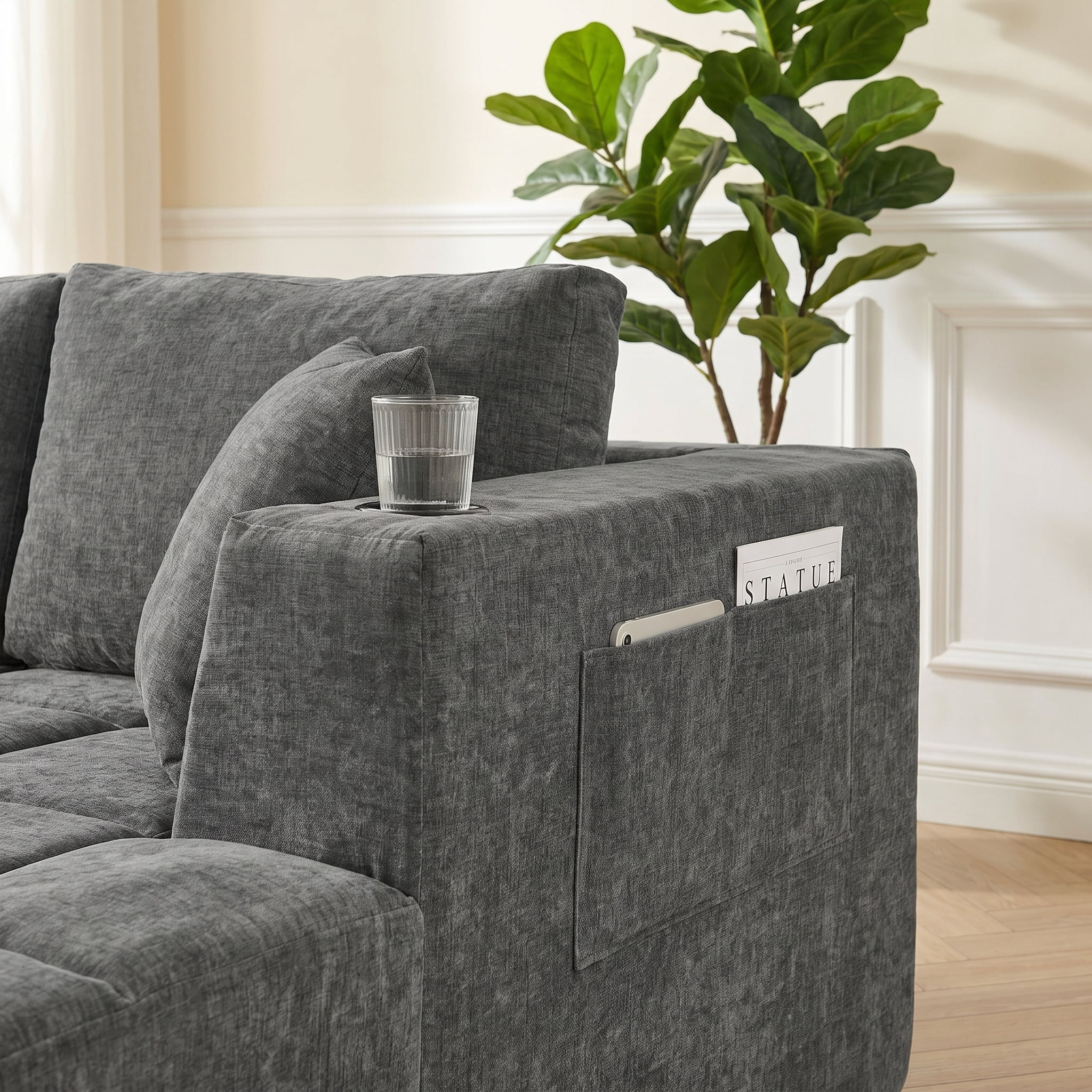 ShiKeyi 132.5" Modern U-Shaped Modular Sectional Sofa with Double Chaise, Premium Chenille Fabric Cloud Couch Set with Cup Holders & Storage Pockets for Living Room, Dark Gray