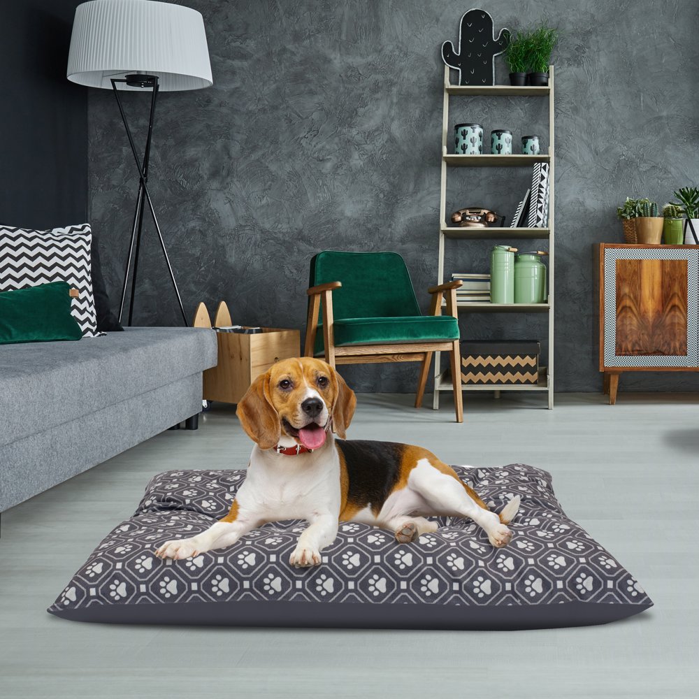 Vibrant Life Pillow Style Pet Bed for Large Dogs, Gray Paw Print, 27" x