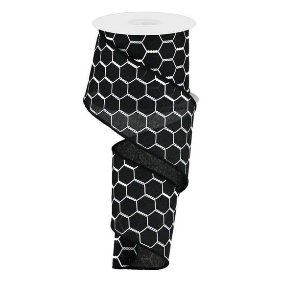 Chicken Wire Canvas Wired Edge Ribbon - 10 Yards Black, White, 2.5"