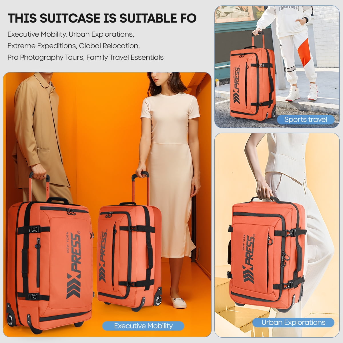 3 Piece Softside Luggage Set, Expandable Suitcases with Wheels, Heavy-Duty Waterproof Travel Bags, 20/26/30 in, Orange - TA069