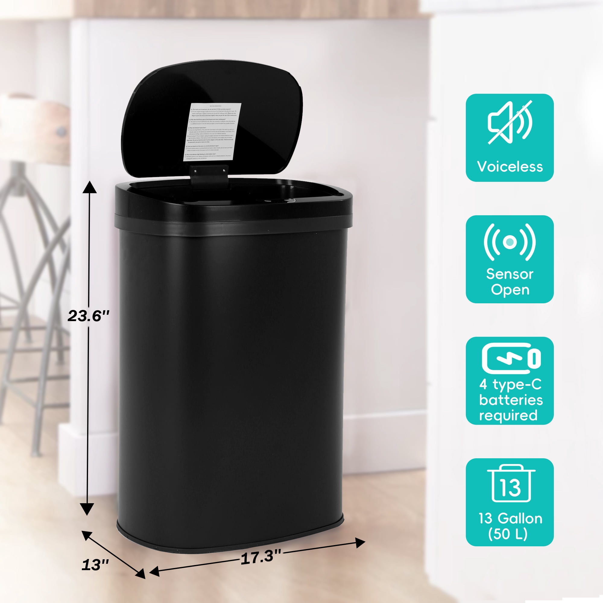 YRLLENSDAN 13 Gallon Trash Can Motion Sensor Trash Can Automatic Trash Cans Touchless Stainless Steel Kitchen Trash Can with Lid Kitchen Garbage Can for Bathroom Bedroom Home Office, Black