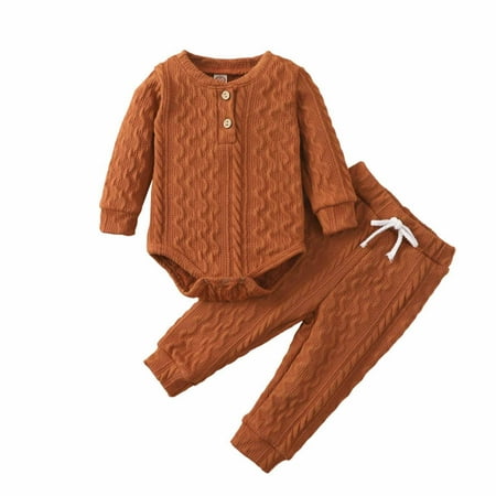 

Newborn Baby Girls Boys Cotton Linen Solid Color Frilly Knitted Long Sleeved Ribbed Romper Jumpsuit Trousers Bodysuit Pants Suit Autumn Spring Warm Two Pieces Outfits 0-18 Months