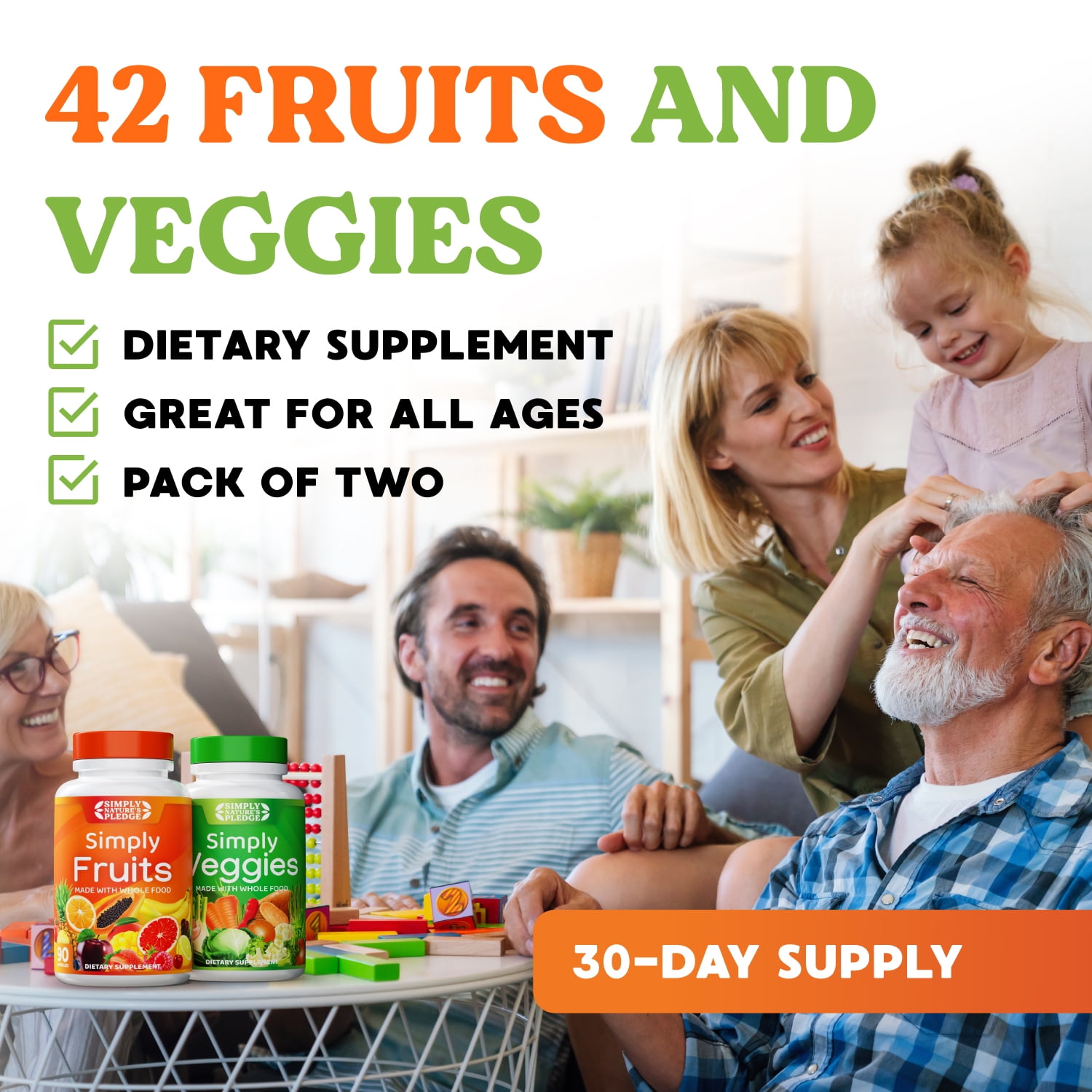 Simply Nature's Pledge- Packed with Over 40 Different Fruits & Vegetables - Made with Whole Food Superfoods - Balanced Energy – 100% Soy Free - 90 Count (Pack of 4)