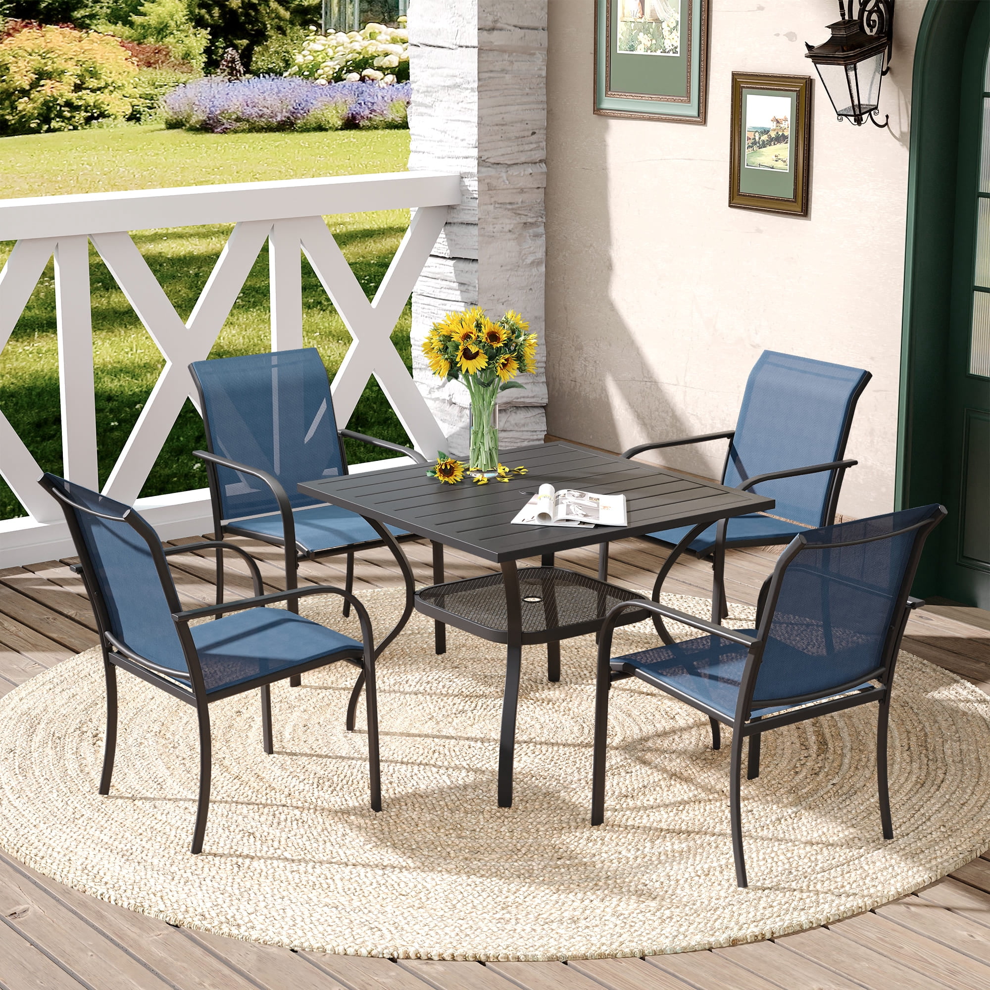 Vicllax Outdoor Dining Chair Patio Chairs Stacking Metal Modern for Deck Garden, Set of 4, Blue