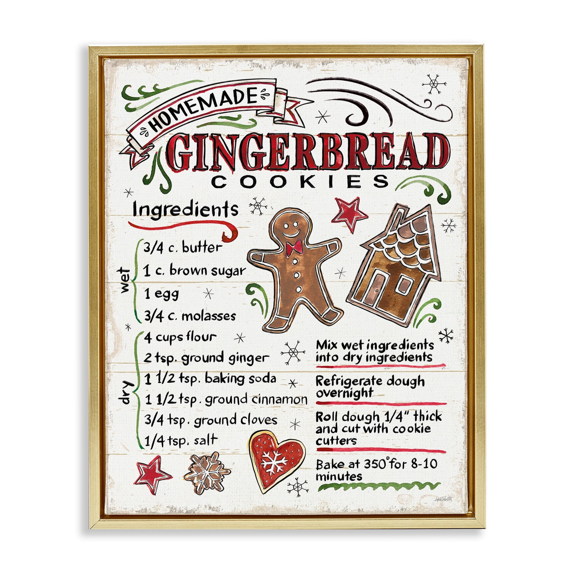 Stupell Industries Homemade Gingerbread Cookies Holiday Cooking Instructions Metallic Gold Framed Floating Canvas Wall Art, 24x30, by Anne Tavoletti