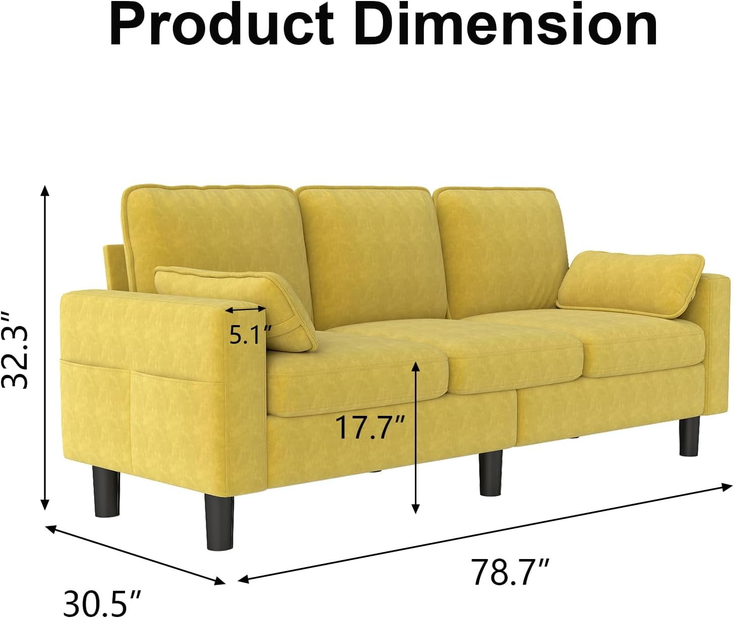 Kinbor Multi-Functional 3-Seater Sofa Chair, Modern Accent Chairs Comfy Living Room Chair with Cushions & Side Pocket, Yellow