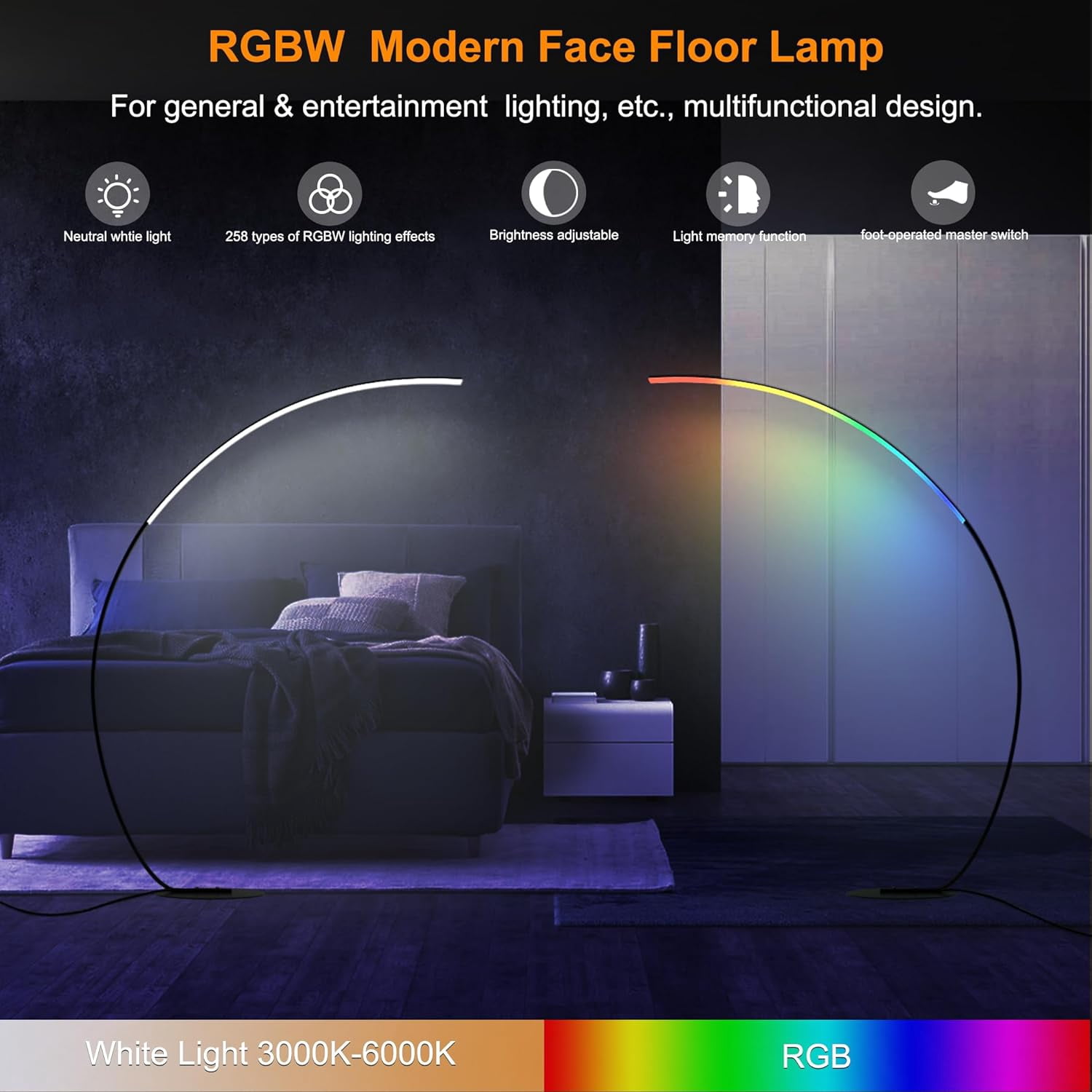 RGBW Modern 69.99 inch Arched Standing Reading Floor Lamp with Remote - Dimmable Black Led Color Changing Curved Ambient Lighting for Bedroom and Living Room