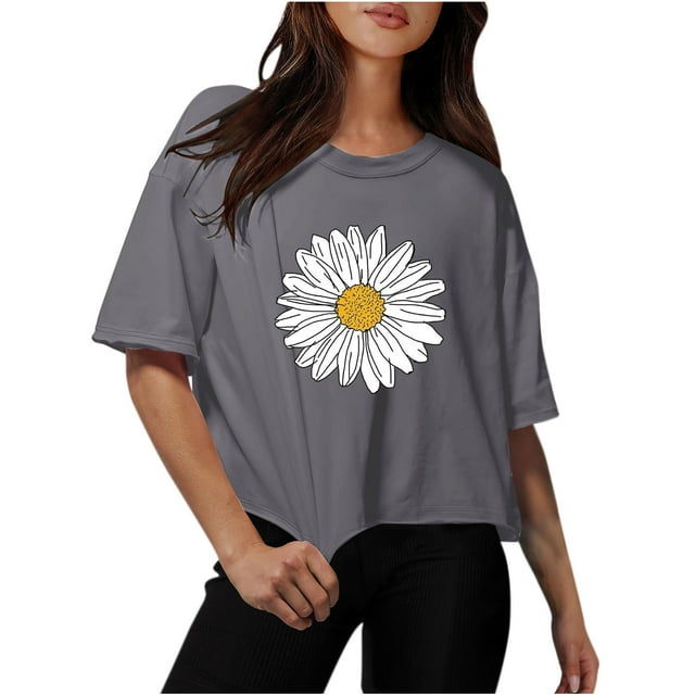 Women Drop Shoulder Round Neck Oversized Crop Tops Workout Tops Tees