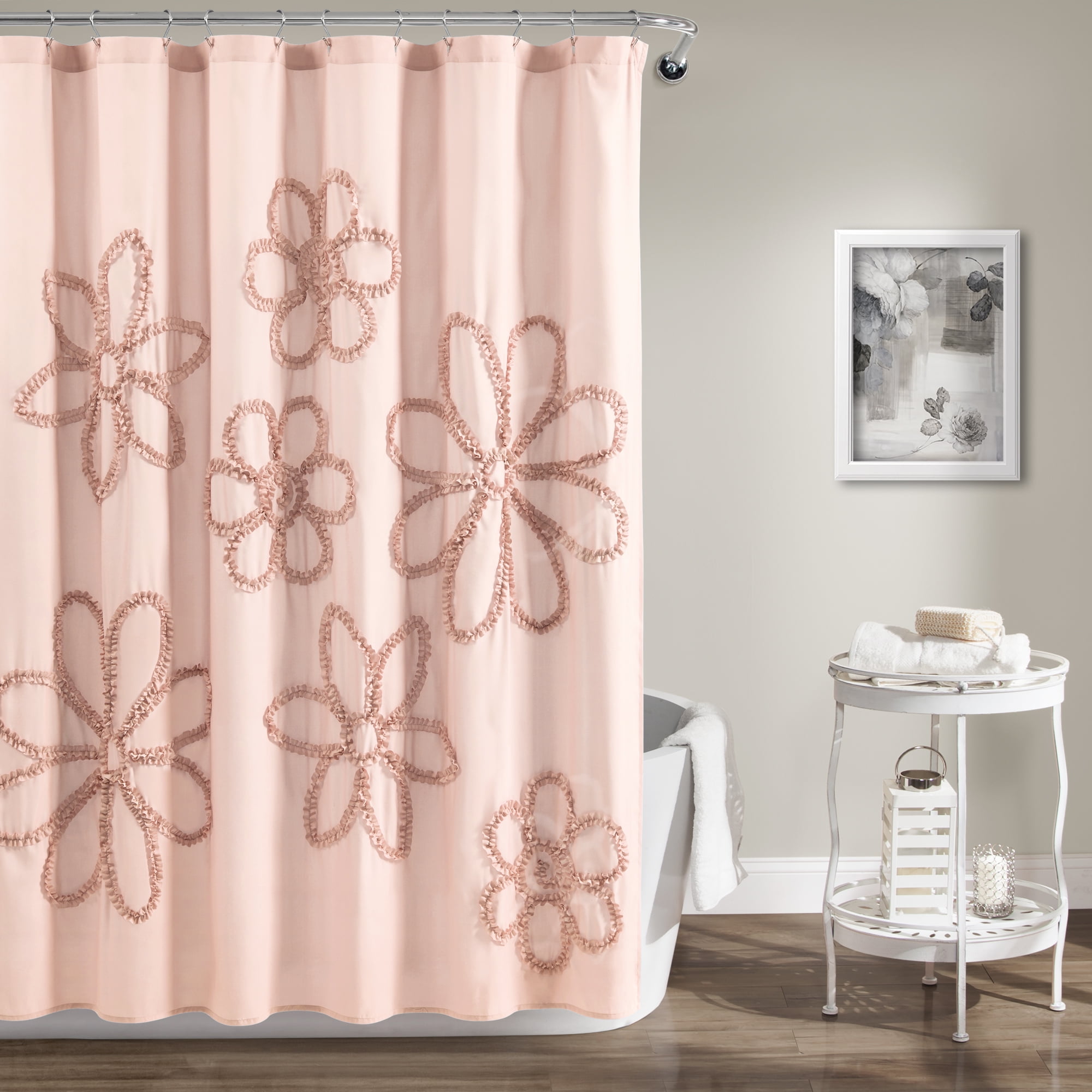 Lush Decor Ruffle Flower Floral Polyester Shower Curtain, 72x72, Blush