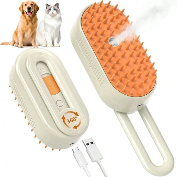 4-in-1 Rechargeable Pet Steam Brush, Anti-Static Spray & Massage Comb for All Coats