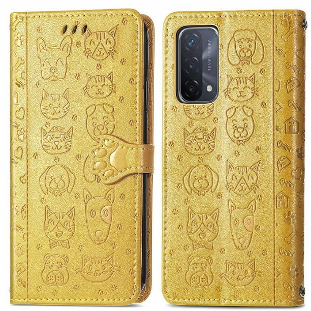 Funda Cartera FOXDOCK para OPPO A54 5G , Flip PU con Relieve de Gatos y Perros, Tarjetero y Soporte