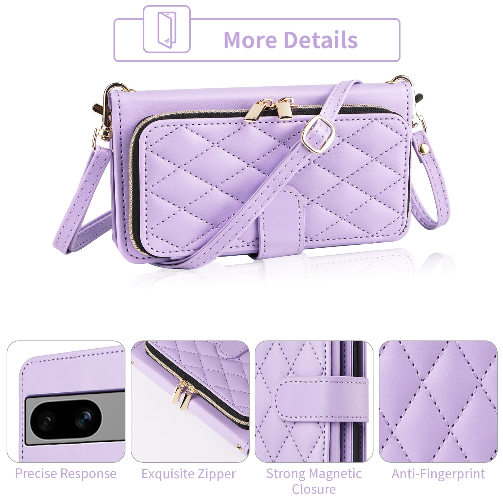 Furiet Wallet Case for Google Pixel 7 5G with Wrist/Shoulder Strap, Card Slots Zipper Flip Purse Luxury PU Leather Card Holder Stand Cell Phone Cover for Pixel7 Pixle Seven 6.3 Women Girls Purple