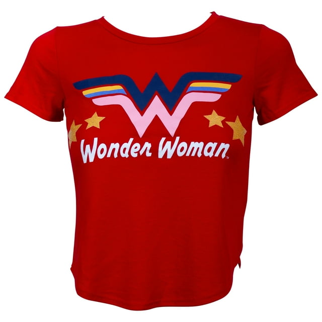 DC Wonder Woman Glitter Star Girl's Red T-Shirt-Medium (9-10)