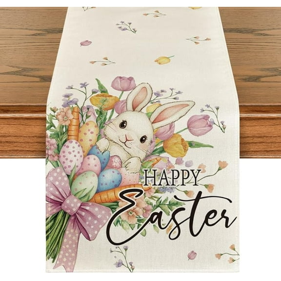 Artoid Mode Bow Bunny Eggs Happy Easter Table Runner,Seasonal Spring Flowers Carrots Kitchen Dining Table Decoration for Home Party Decor 13x72 Inch
