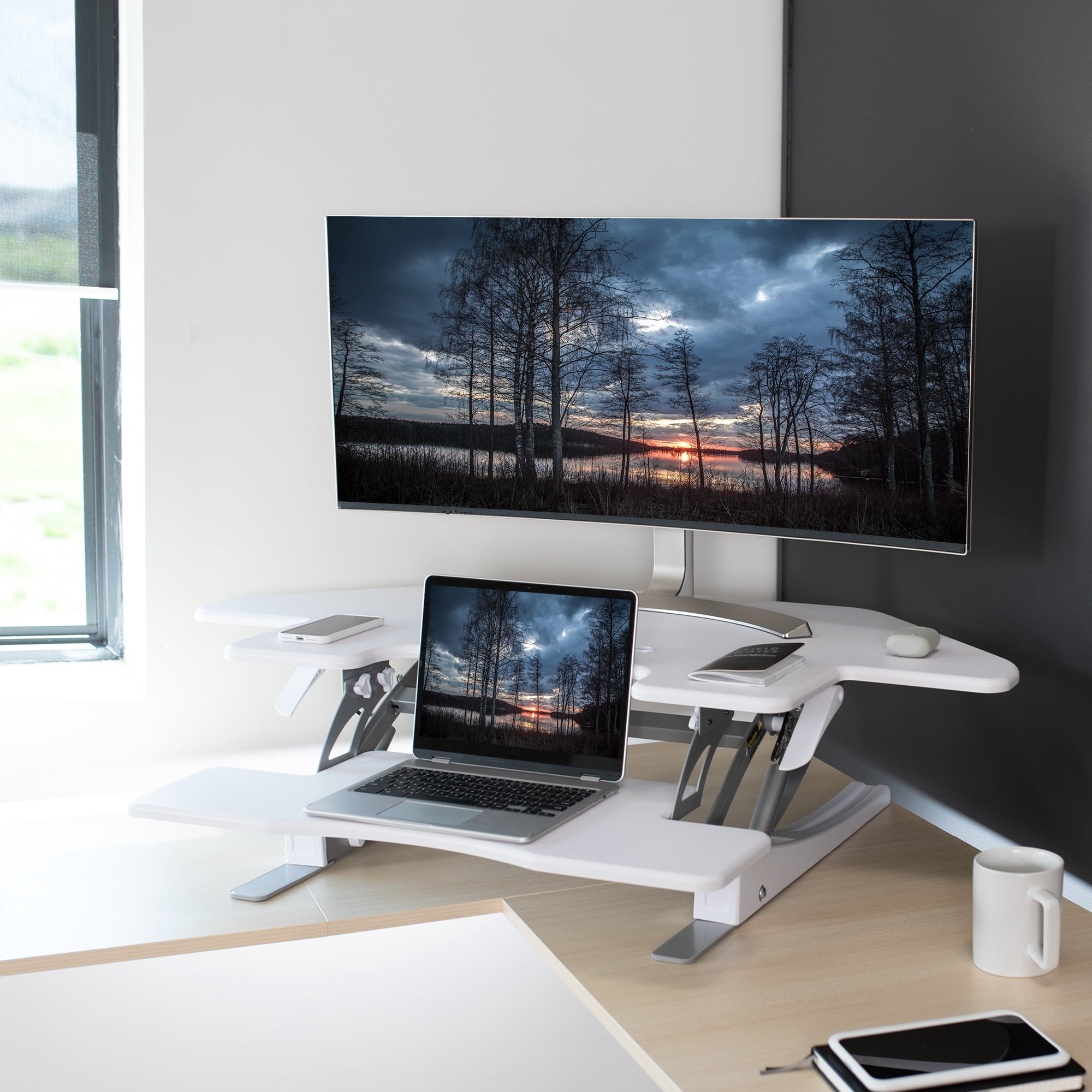 VIVO White Corner Height Adjustable Cubicle Sit to Standing Tabletop Desk Riser