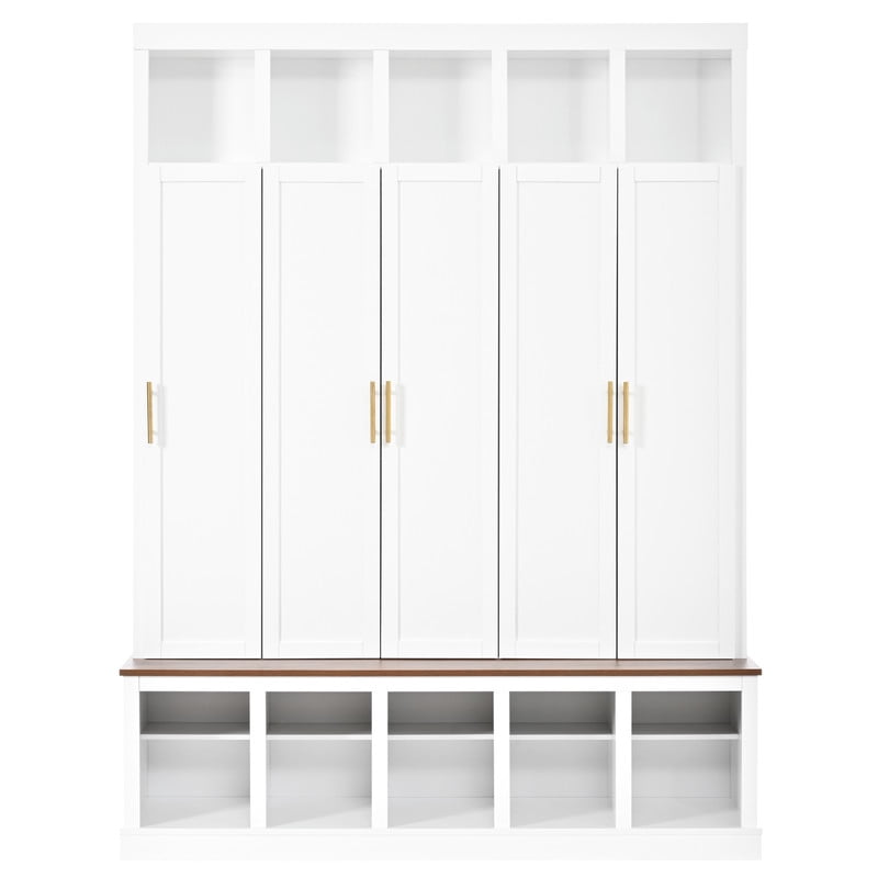 Farmhouse Hall Tree with 5 Doors and Top Storage Compartments, Entryway Coat Rack with Hooks, Mudroom Bench with Shoe Cubbies for Hallway Living Room