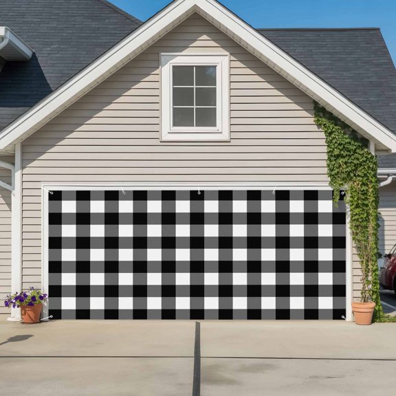 Black White Plaid Garage Door Cover Banner 7 x 8 FT, Modern Simple Buffalo Check Gingham Garage Door Curtains Backdrop with Grommets for Indoor Outdoor Wall Party Porch Yard Decorations Background