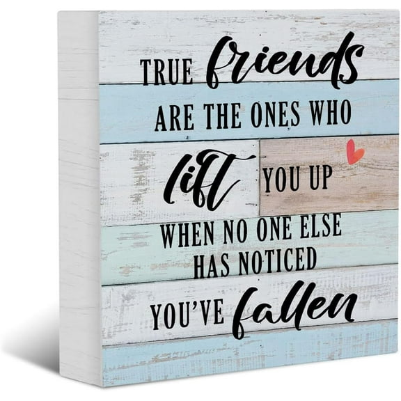 Zomyto 5x5 Inches Friendship Quote Wood Box Sign, True Friends are the Ones Wood Box Sign Block Plaque, Home Office Desk Shelf Sign
