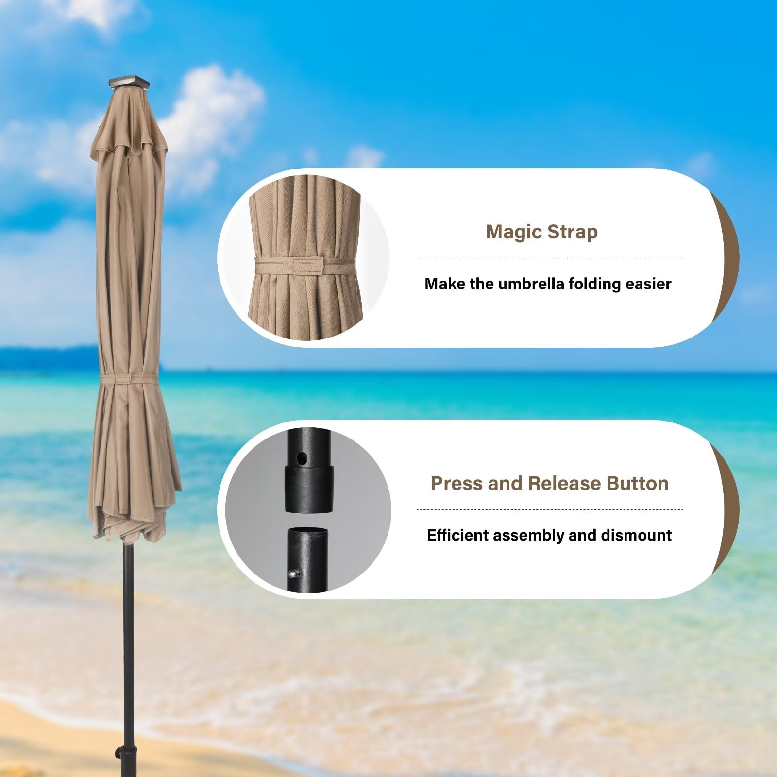 Simple Deluxe 9' Solar 32 LED Lighted Patio Umbrella Outdoor Table Market Umbrellas with Push Button Tilt/Crank for Garden, Deck, Backyard and Pool, Tan