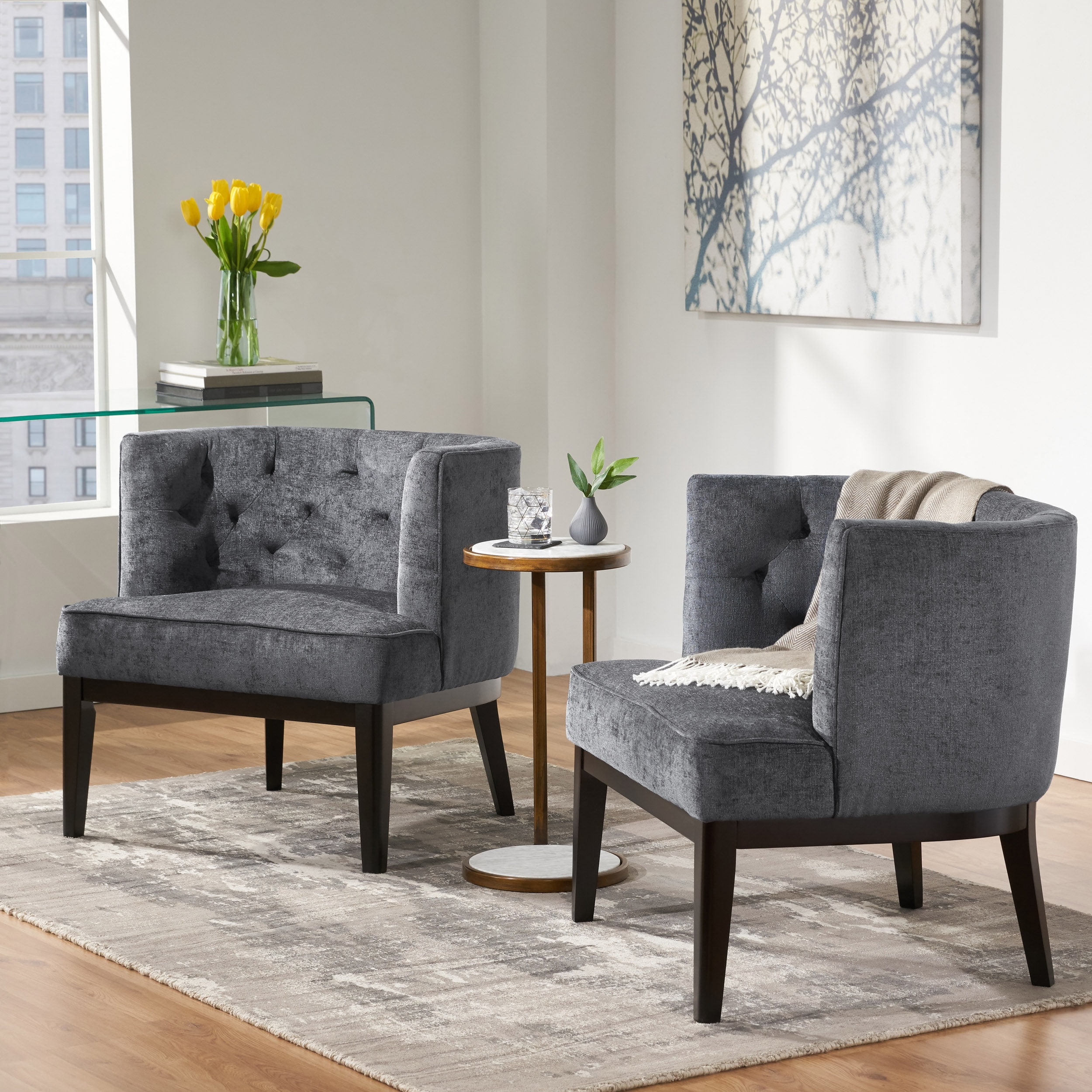 Noble House Suncook Fabric Tufted Club Chair, Set of 2, Charcoal