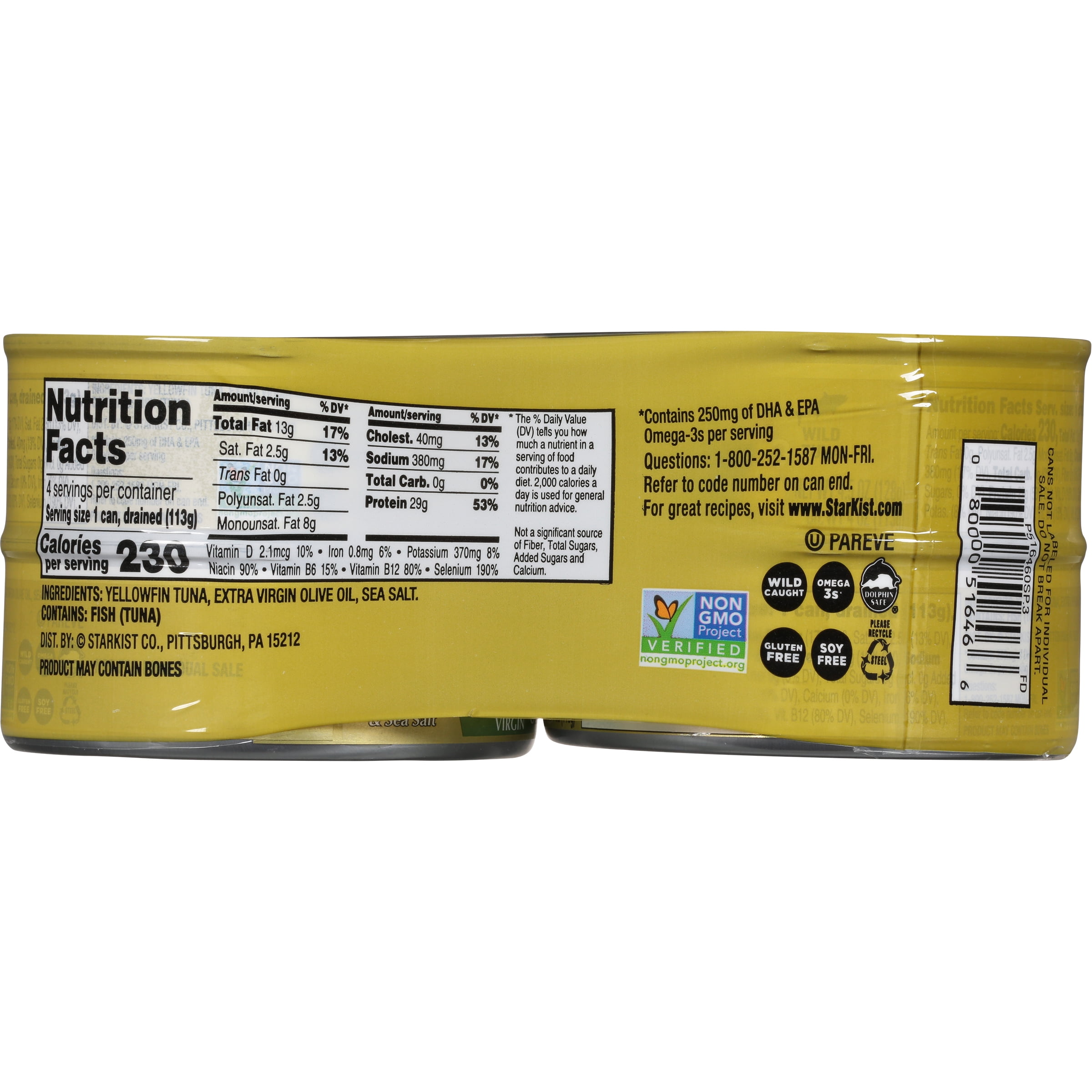 (6 pack) StarKist E.V.O.O. Solid Yellowfin/Light Tuna in Extra Virgin Olive Oil, 4.5 oz, 4 Cans, Packaging May Vary