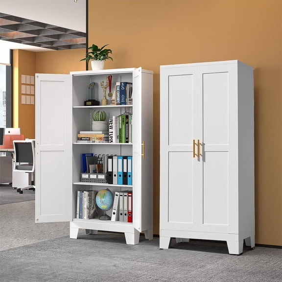 White Metal Storage Cabinet, 61" Tall Steel Cabinet with 3 Adjustable Shelves and Double Doors for Home Office, Kitchen, Garage