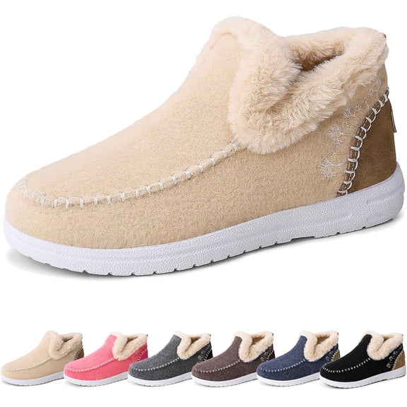 Cozy Fleece Slip-On Boots for Women, Winter Warm Plush Lined Non-Slip Flat Shoes, Fur Lined Indoor Outdoor Casual Loafer Boots