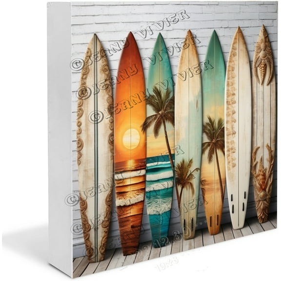 Surfboard Surfer Summer Beach Wood Box Sign Decor,Surfer Gifts,Gifts for Sport Lovers,Rustic Wooden Block Plaque Box Sign for Beach House Wall Desk Shelf Decorations 5"x5"
