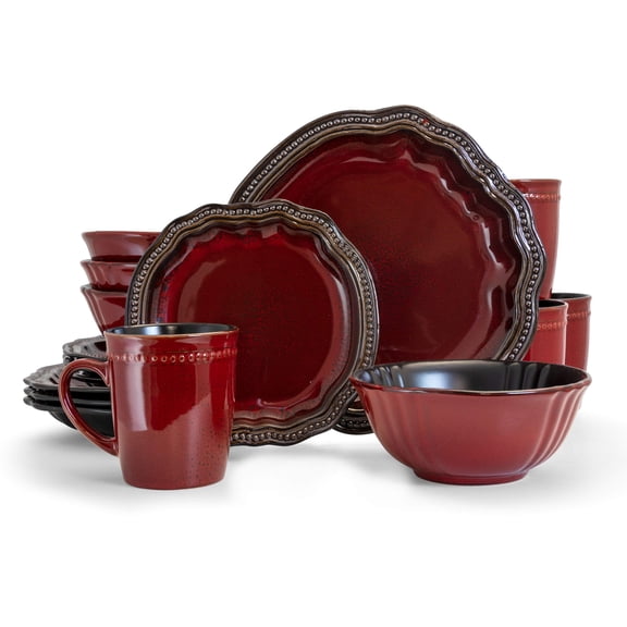 Elama Ensemble de Vaisselle de Table Ronde Ovale en Grès, 16 Pcs, Rouge Foncé avec Accents Bronze