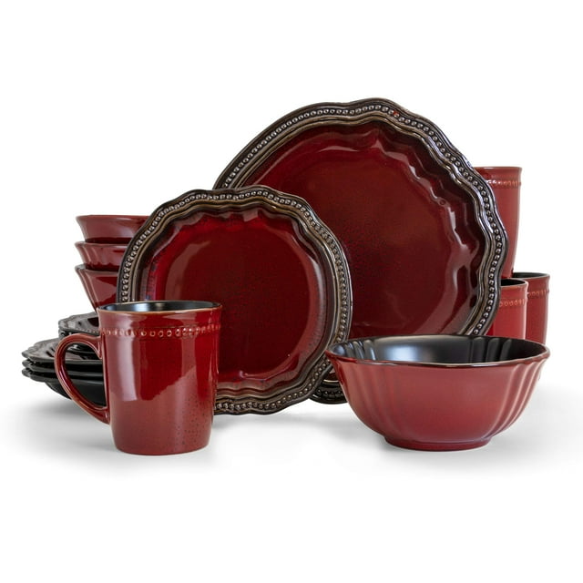 Juego De Vajilla De Comedor Elegante De Gres Ovalado Redondo Elama, 16 Piezas, Rojo Oscuro Con Detalles En Bronce