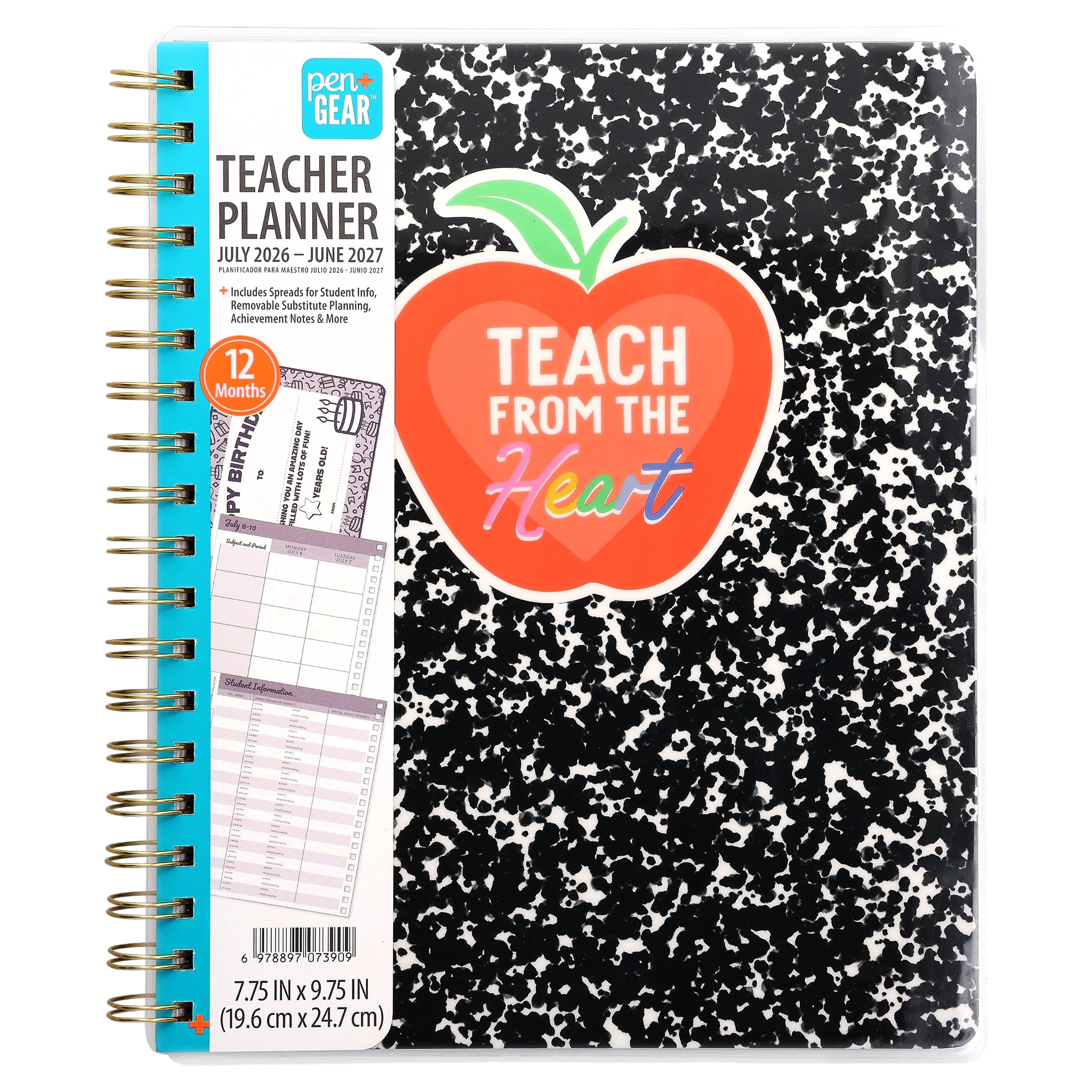 Pen+Gear 12-Month Monthly Teacher Planner, July 2026-June 2027, Teach from the Heart, 7.75" x 9.75"