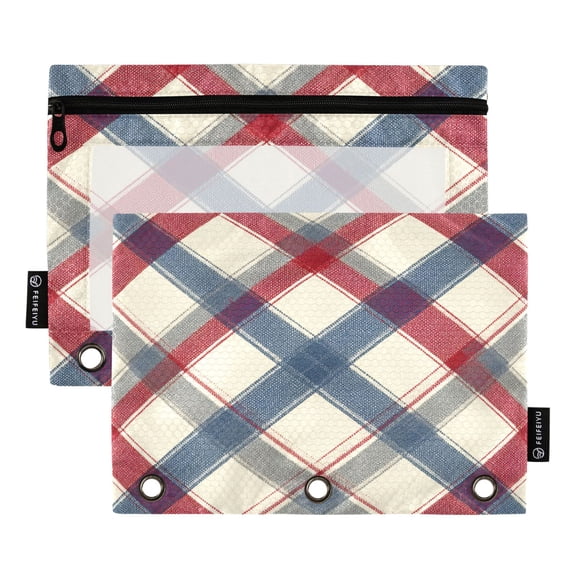 2 Pack 3 Ring Binder Pouch with Clear PVC Window Water Resistant Zipper Pencil Pouch Red-blue Diagonal Lines Binder Pocket for Classroom Office Home Stationery Organization