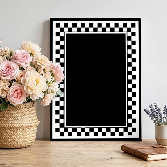 Black Square Canvas Wall Art, Graphic Retro Black White Checkered Border Pictures Wall Decor Wooden Framed Artwork Art Prints for Living Room Hallway Bedroom Office 22"x28"
