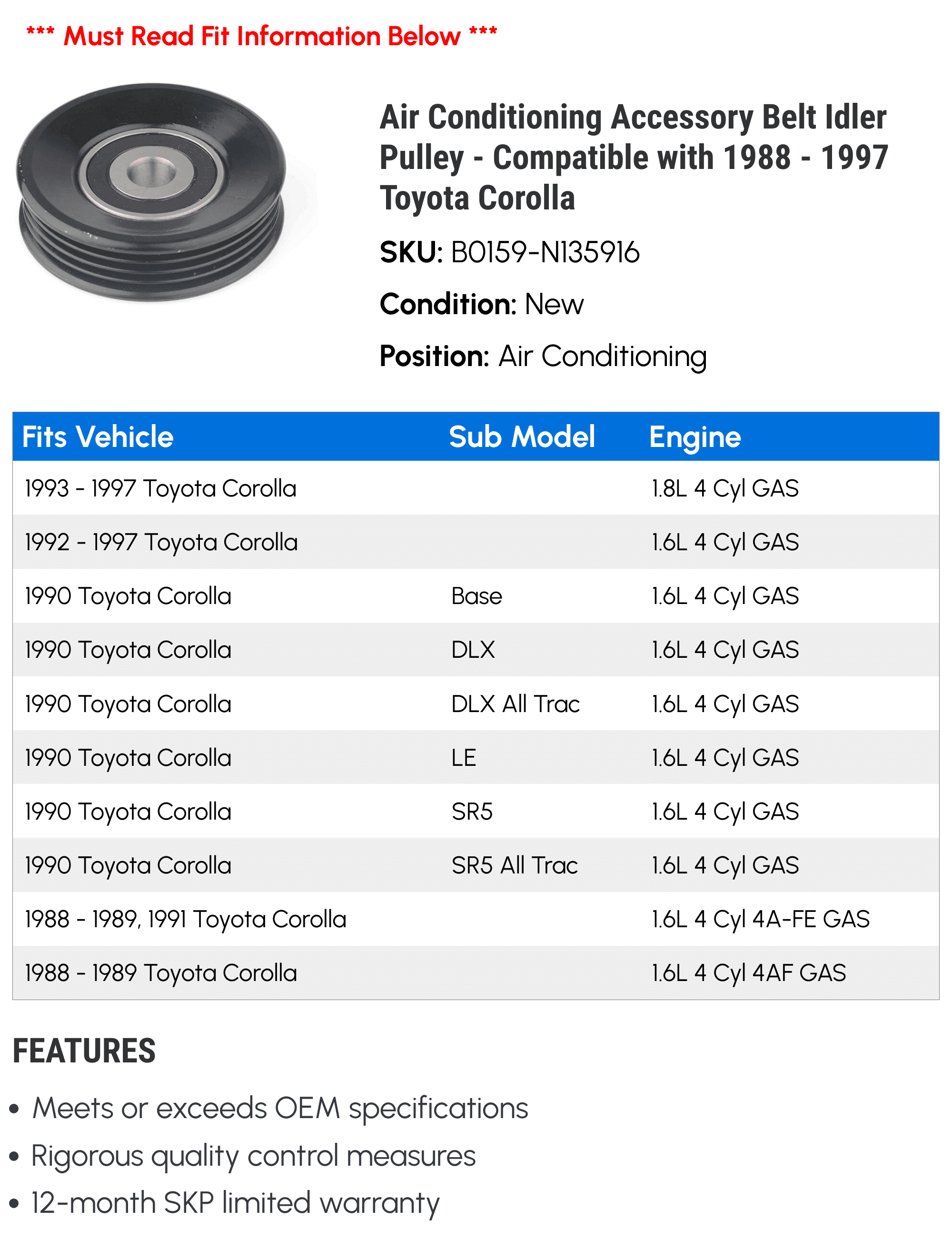 Air Conditioning Accessory Belt Idler Pulley - Compatible with 1988 - 1997 Toyota Corolla 1989 1990 1991 1992 1993 1994 1995 1996