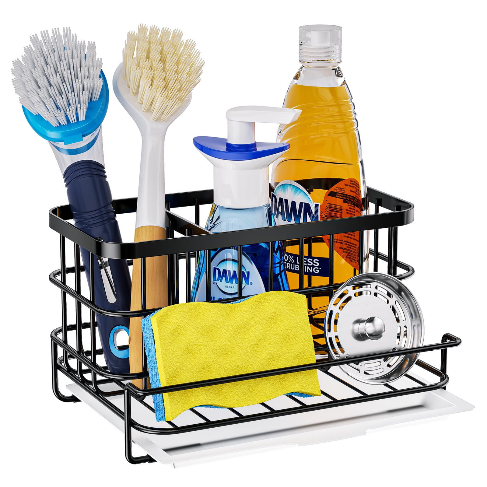 YOHOM Kitchen Sponge Brush Holder for Sink Black Dish Sponge Caddy Countertop Organizer Plastic Scrub Brush Holder with Dividers
