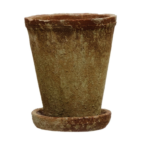 Creative Co-Op Cement Planter with Saucer, Distressed Terra-cotta Finish, Set of 2 (Holds 5" Pot)