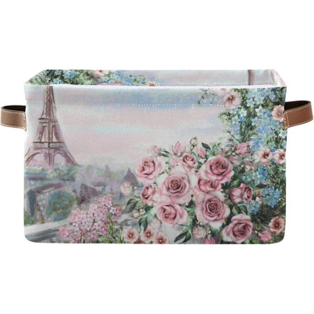Shukong Paris Eiffel Tower with Spring Flowers Rose and Leaves Storage Bins, Decor Collapsible Canvas Storage Basket for Shelves Closet - 1 Piece