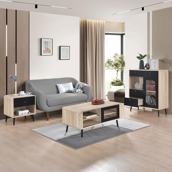 Kings Brand Furniture Nathan 3-Piece Living Room Set – Sideboard Cabinet, Coffee Table & End Table, Oak/Black