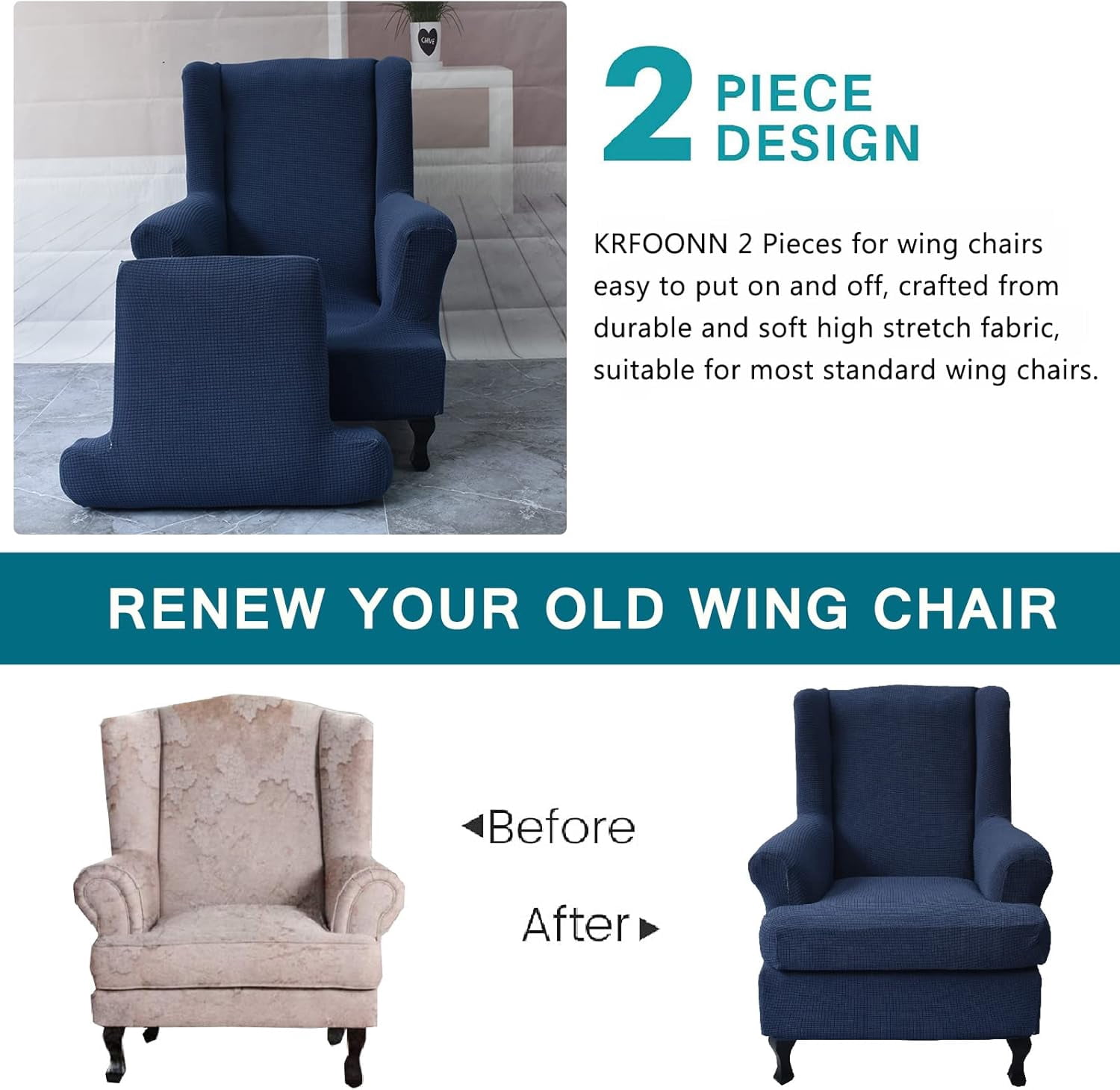 CHUNTIAN Wingback Chair Covers Slipcovers 2 Piece Stretch Wing Chair Covers Spandex Slipcovers Wingback Sofa Covers Armchair Covers Non-Slip Furniture Protector for Living Room Wingback Chairs, A13