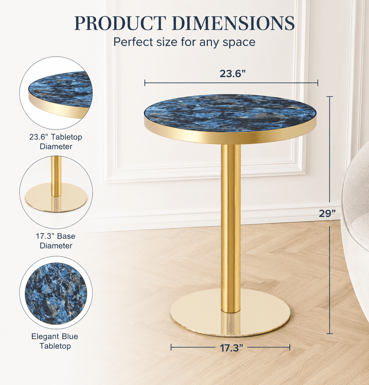 23.6" Round MDF sprayed with UV paint countertop, marble texture, stainless steel edging, metal table legs, modern light luxury edge/coffee table.