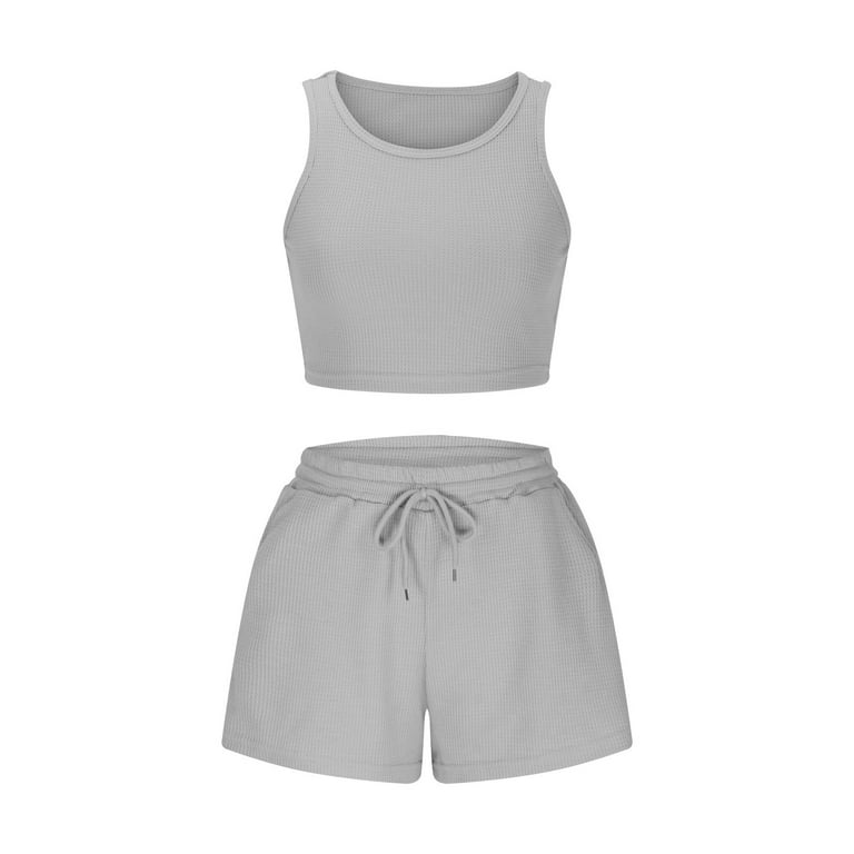 REORIAFEE Sexy Club Outfits for Women 2 Piece Sets Cute Outfits Women's  Fashion Shorts Two Piece Sleeveless Casual Suit Gray L 